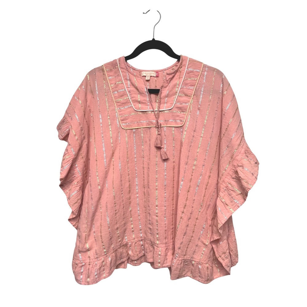 Pink Chicken Girls Pink Metallic Stripe Ruffle Poncho Top Tassel Size 10/12Y